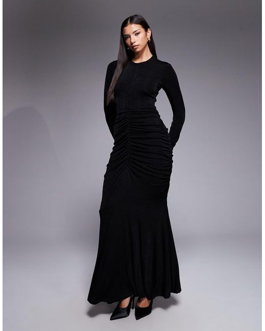 DASKA Black High Neck Ruched Body Maxi Dress
