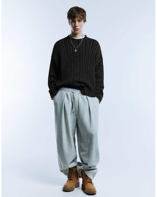 Pull&Bear Black Acid Wash Cable-knit Sweater for men