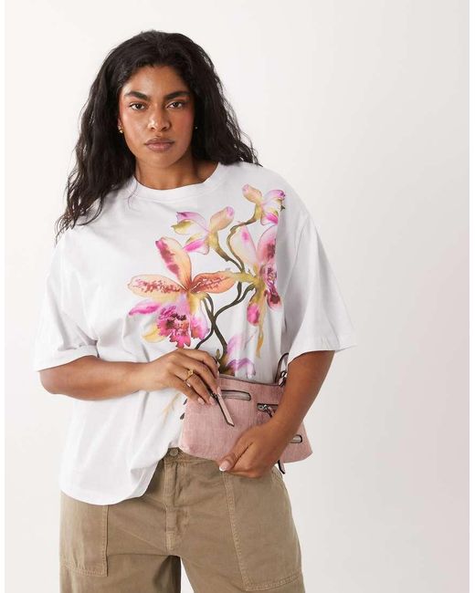 ASOS White Asos Design Curve Oversized T-shirt With Watercolour Flower Graphic