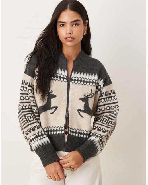 Cardigan Stile Bomber Con Motivo Fair Isle Con Renne di ASOS in Gray