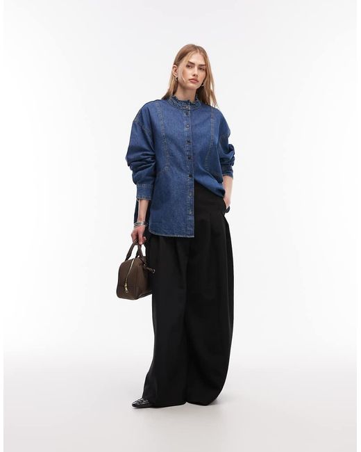& Other Stories Blue Denim Shirt With Frill Grandad Collar