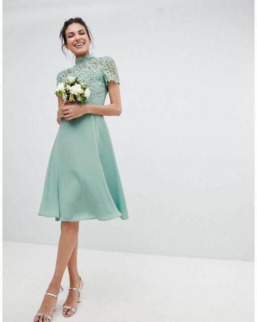 green high neck midi dress