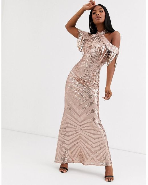 goddiva sequin embellished plunge maxi dress in black and gold