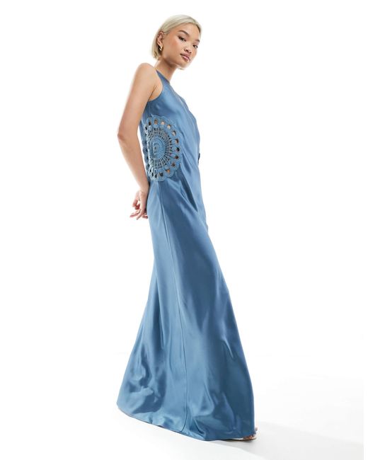 4th & Reckless Satin Racer Neck Crochet Insert Maxi Dress in Blue | Lyst