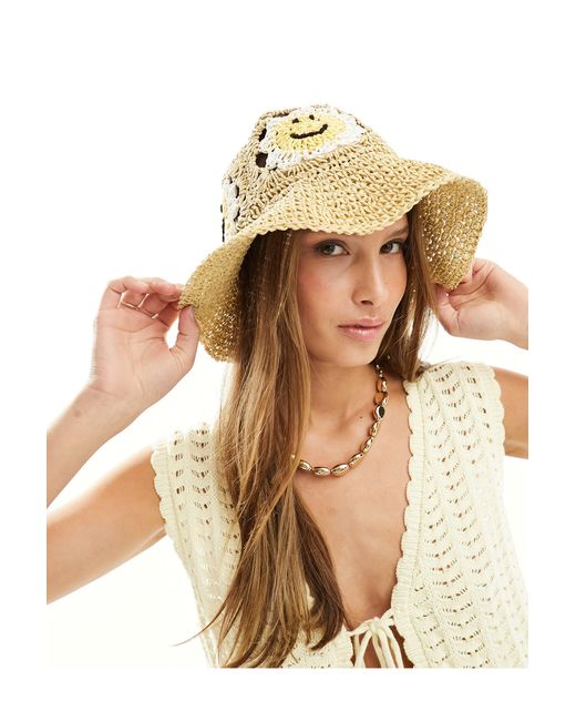 ASOS Natural Straw Packable Happy Face Crochet Hat