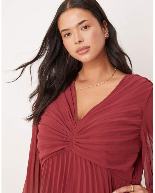 ASOS Asos Design Curve Pleated Bodice Plunge Neck Midi Dress in Red