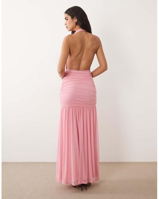 ASOS Pink Plunge Cowl Mesh Maxi Dress With Ruched Drop Waist Detail