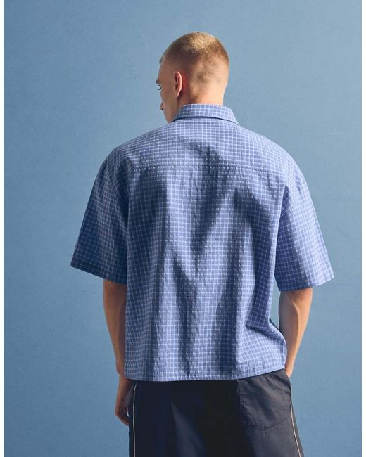 Bershka Blue Short Sleeve Embroidered Shirt for men