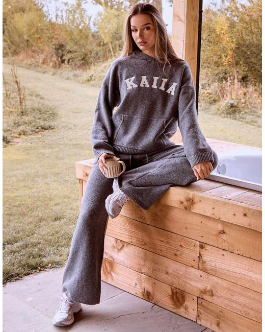 Kaiia Blue Knitted Embroidered Logo Wide Leg Trouser Co-ord