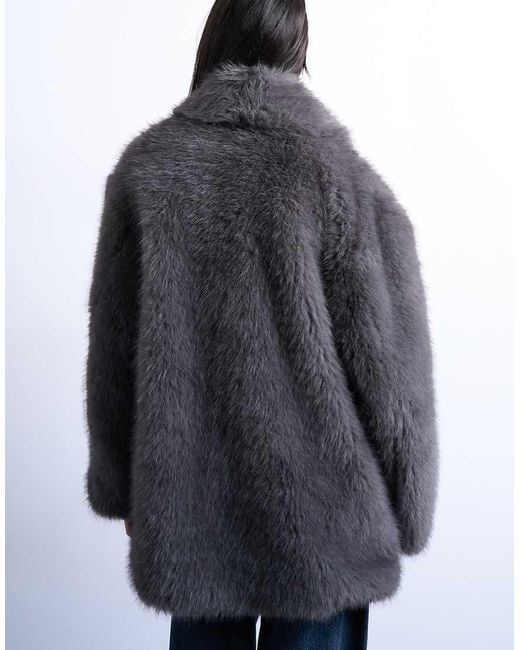 TOPSHOP Halflange Gestreepte Jas Van Imitatiebont Met Sjaalkraag in het Blue
