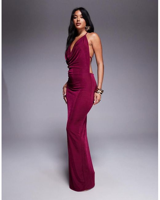 Aria Cove Purple Slinky Cowl Halterneck Open Tie Back Maxi Dress