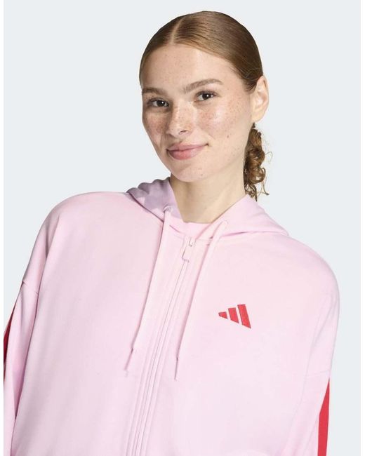 Adidas Originals Pink Essentials 3-Stripes French Terry Full-Zip Hoodie
