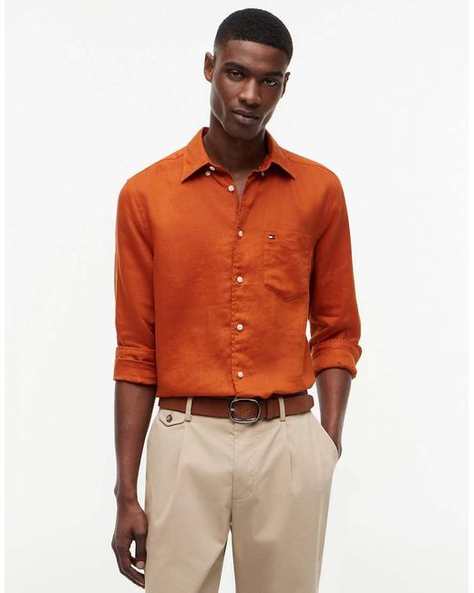 Tommy Hilfiger Orange Regular Fit Washed Pure Linen Shirt for men