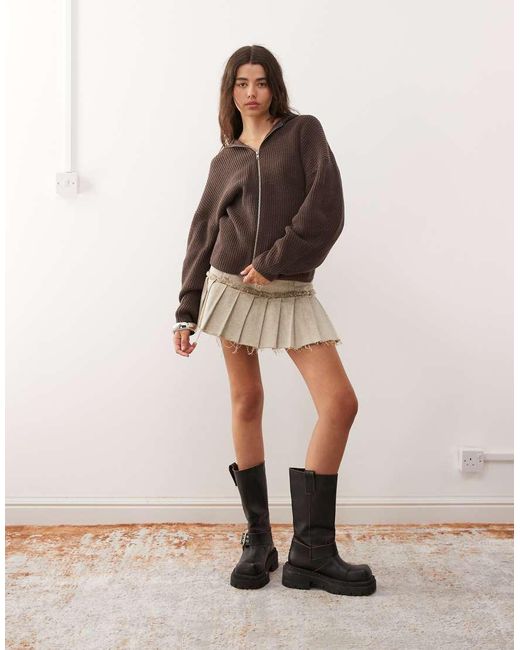 Monki Brown Exclusive To Asos Knitted Hooded Jumper Double Zip And Cinched Waist Detail
