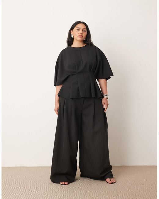 ARRANGE Black Curve Pleat Waist Short Sleeve Top