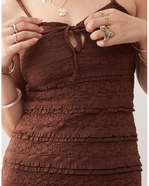 Miss Selfridge Brown Lace And Ruffle Detail Midi Dress