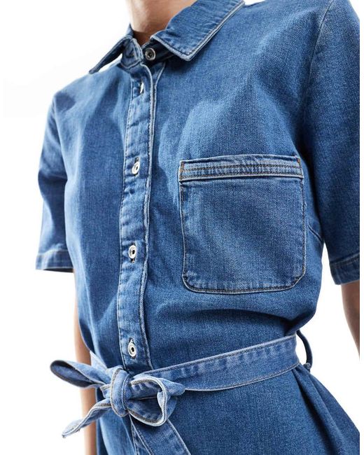 ONLY Blue Tie Waist Denim Midi Dress