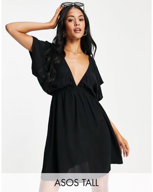 ASOS Asos Design Tall Recycled Flutter Sleeve Mini Beach Dress in Black ...