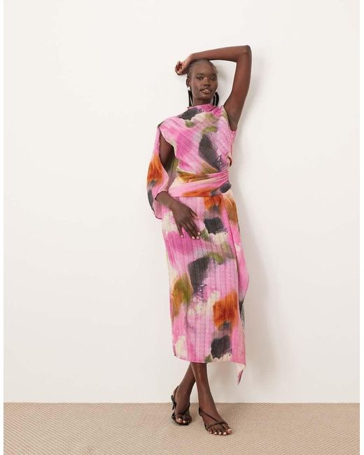 Vestito Midi Trasparente Accollato Plissé Con Stampa Acquerello E Drappeggio di ARRANGE in Pink