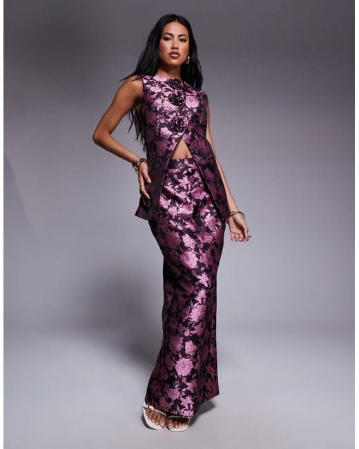ASOS Purple Jacquard Tailored Skirt With Split Back