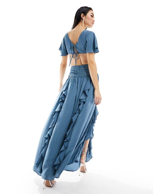 ASOS Blue Satin Ruffle Flutter Sleeve Maxi Dress With Cut Out Waist