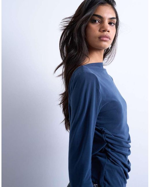 Top De Manga Larga Con Espalda Desbocada De Cupro De TOPSHOP de color Blue