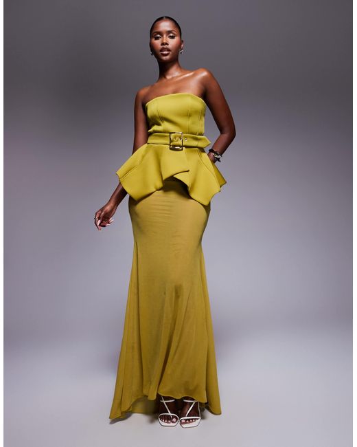 ASOS Metallic Premium Bodice Maxi Dress With Cinched Belt Detail And Sheer Skirt