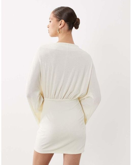 SNDY'S White Premium Jersey Deep Cowl Neck Flared Sleeve Mini Dress