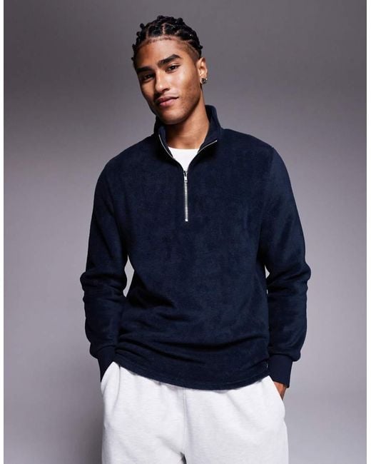 Sudadera Azul Marino Con Cremallera Corta Y Cuello Alzado De Felpa De ASOS de hombre de color Blue