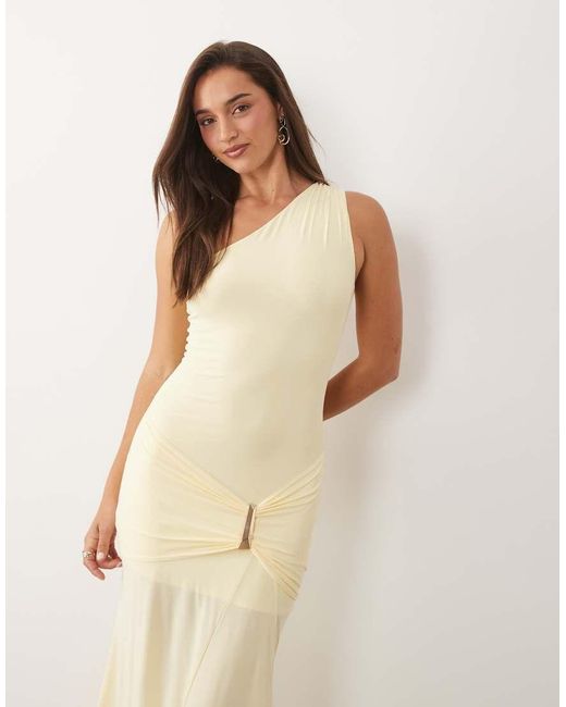Fashionkilla Natural Exclusive Double Sculpted Slinky One Shoulder Metal Drape Detail Maxi Dress