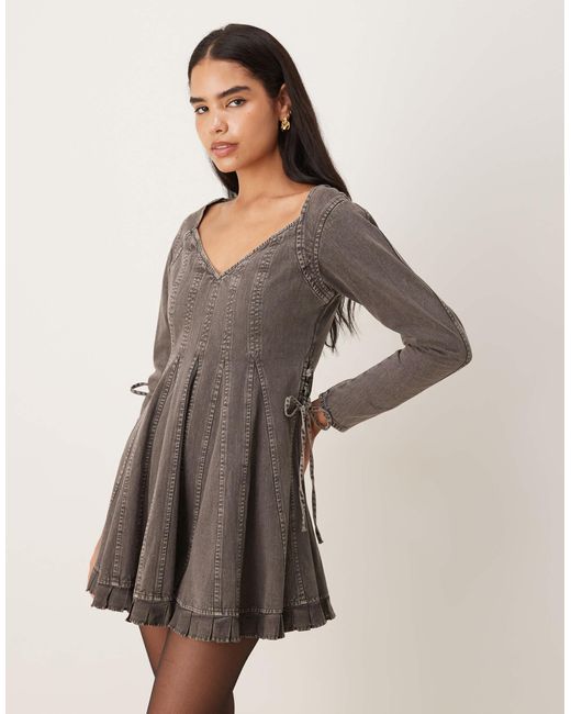 ASOS Natural V Neck Washed Lace Up Side Skater Mini Dress