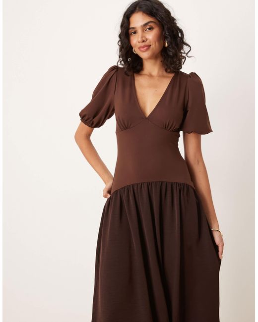 ASOS Natural Hybrid Puff Sleeve Midi Tea Dress