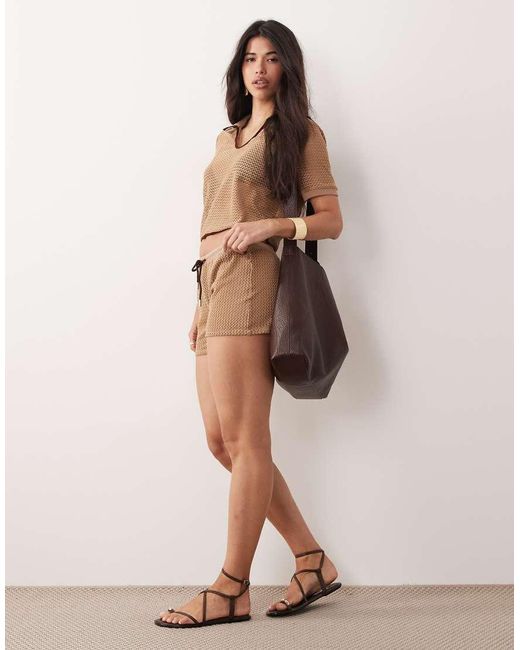 Kaiia Brown Exclusive Crochet Contrast Trim Collar Detail Cropped Polo Top Co-ord