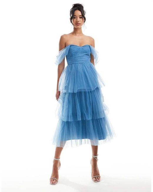 LACE & BEADS Blue Ruched Tulle Tiered Midi Dress