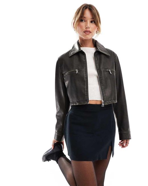 ASOS Black Washed Leather Look Harrington Jacket