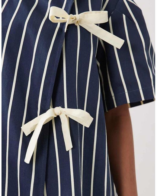 Ghospell Blue Triple Bow Short Sleeve Mini Dress