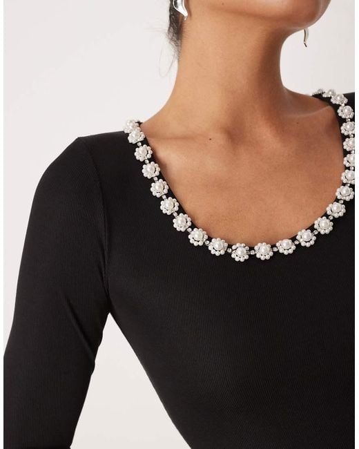 Sister Jane Black Embellished Scoop Ribbed Jersey Mix Midi Dress With Full Skirt