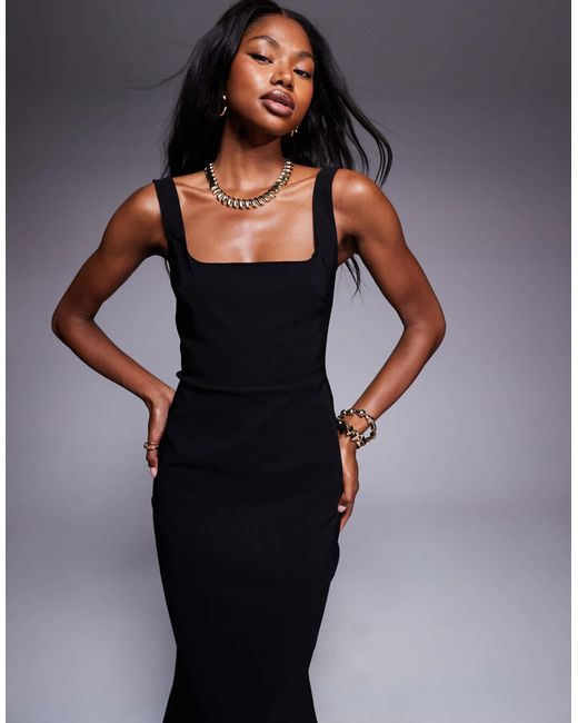 Vesper Blue Bengaline Sleeveless Square Neck Fishtail Midi Dress