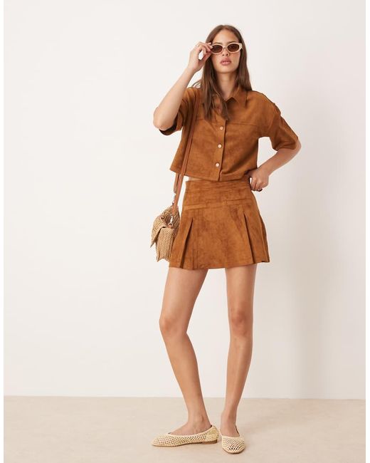 ASOS Brown Co-Ord Faux Suede Pleated Mini Skirt