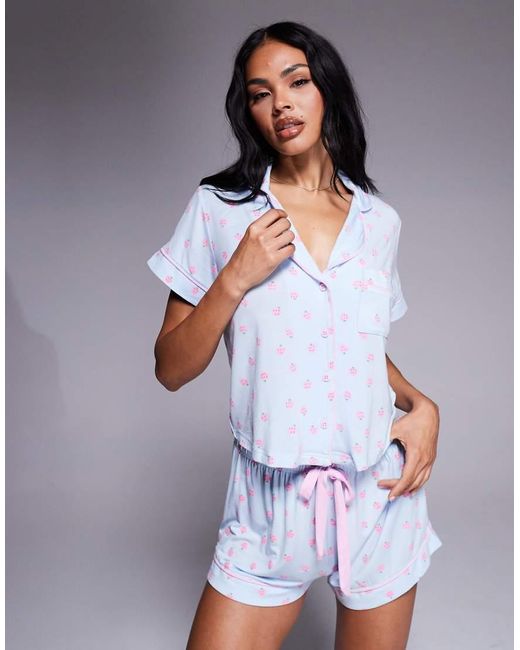 Boux Avenue White Strawberry Modal Short Sleeve Revere And Shorts Set