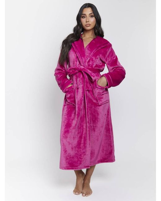 Loungeable Ribbon Trim Luxury Fleece Hooded Maxi Dressing Gown in Pink |  Lyst UK