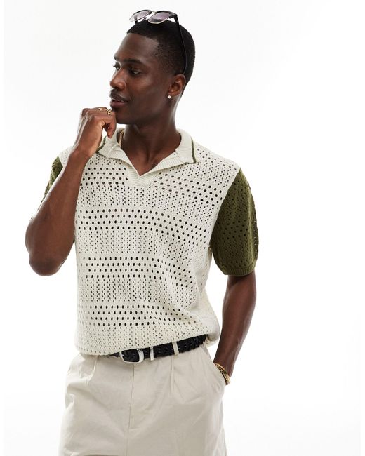 ASOS Natural Knitted Crochet Polo With Contrast Sleeves for men