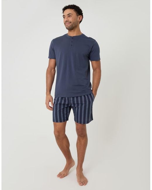 Threadbare Blue Stripe Grandad Pyjama Set for men