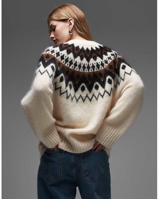 & Other Stories Gray Mohair And Wool Blend Fair Isle Style Knit Sweater With Brown Jacquard Zig Zack Pattern