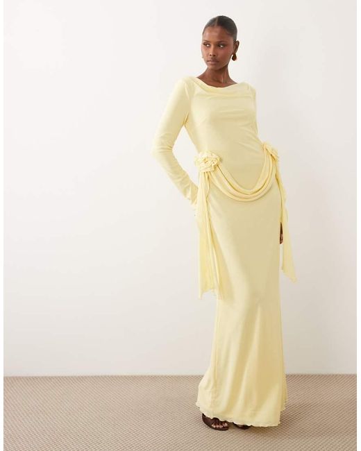 DASKA Natural Mesh Slash Cowl Neck Corsage Drape Detail Maxi Dress