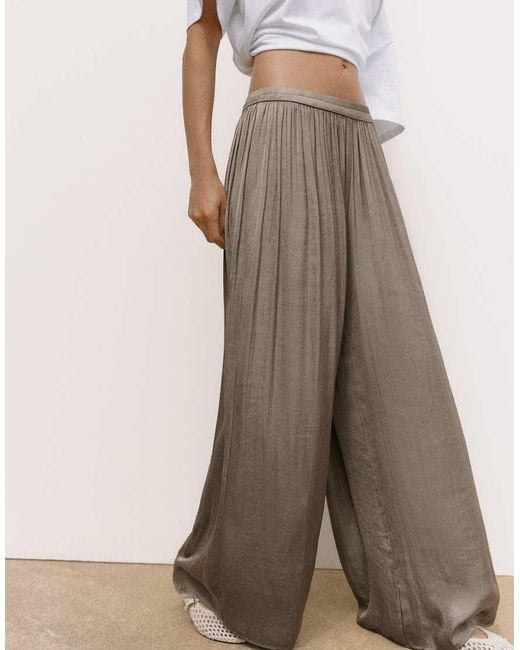 Pull&Bear Natural Satin Wide-leg Trousers