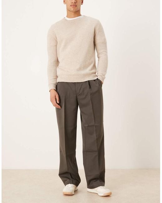 ASOS Natural Tailored Pleated Wide Leg Trousers And Elasticated Waist for men