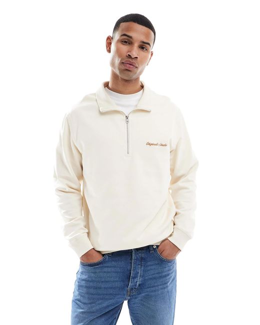 Jack & Jones White Relaxed Quarter Zip Sweatshirt for men