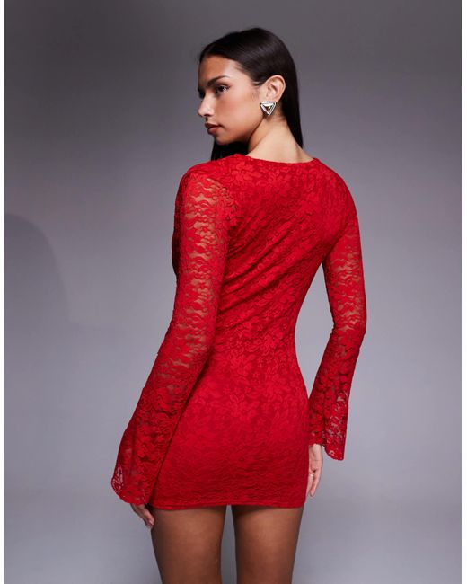 Kaiia Exclusive Lace Cowl Neck Flare Sleeve Bodycon Mini Dress in Red | Lyst