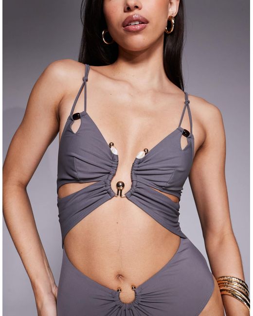 ASOS Gray Lucie Plunge Swimsuit With Cut Out And Resin Trim
